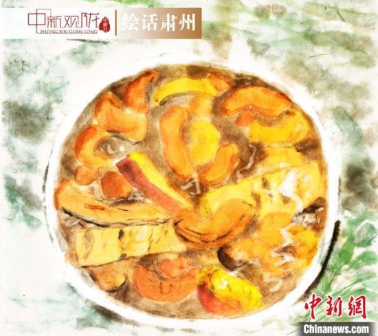 圖為酒泉美食“糊鍋”繪畫作品。　杜興彥 攝