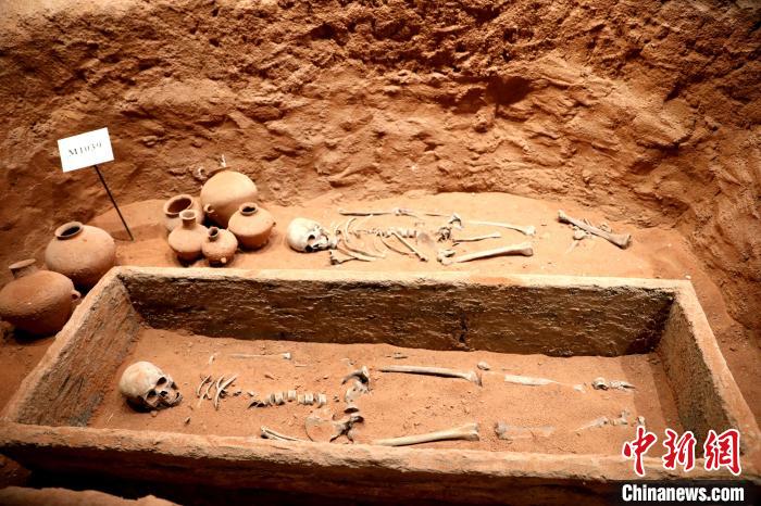 圖為河湟文化博物館復制展陳的墓葬及其彩陶陪葬品。　薛蒂 攝