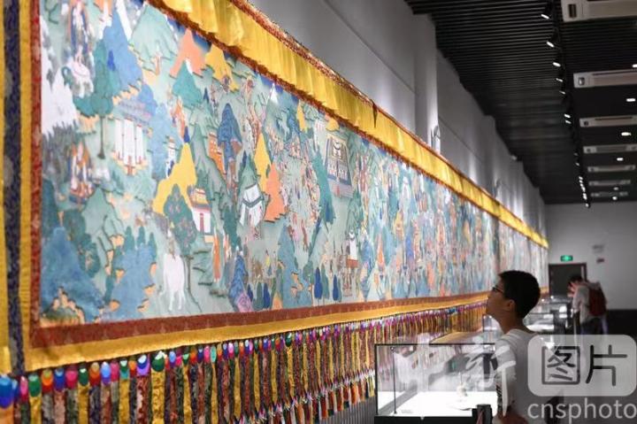 圖為一名小朋友觀看唐卡《涼州會(huì)盟》。 中新社記者 戴文昌 攝