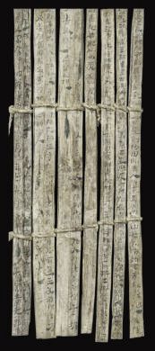 漢簡(jiǎn)《康居王使者冊(cè)》。此簡(jiǎn)記載了西域康居國(guó)使者前來(lái)“進(jìn)貢”駱駝，抵達(dá)敦煌遇到不公后反映問(wèn)題，朝廷受理解決的經(jīng)過(guò)。新華社發(fā)（甘肅簡(jiǎn)牘博物館供圖）