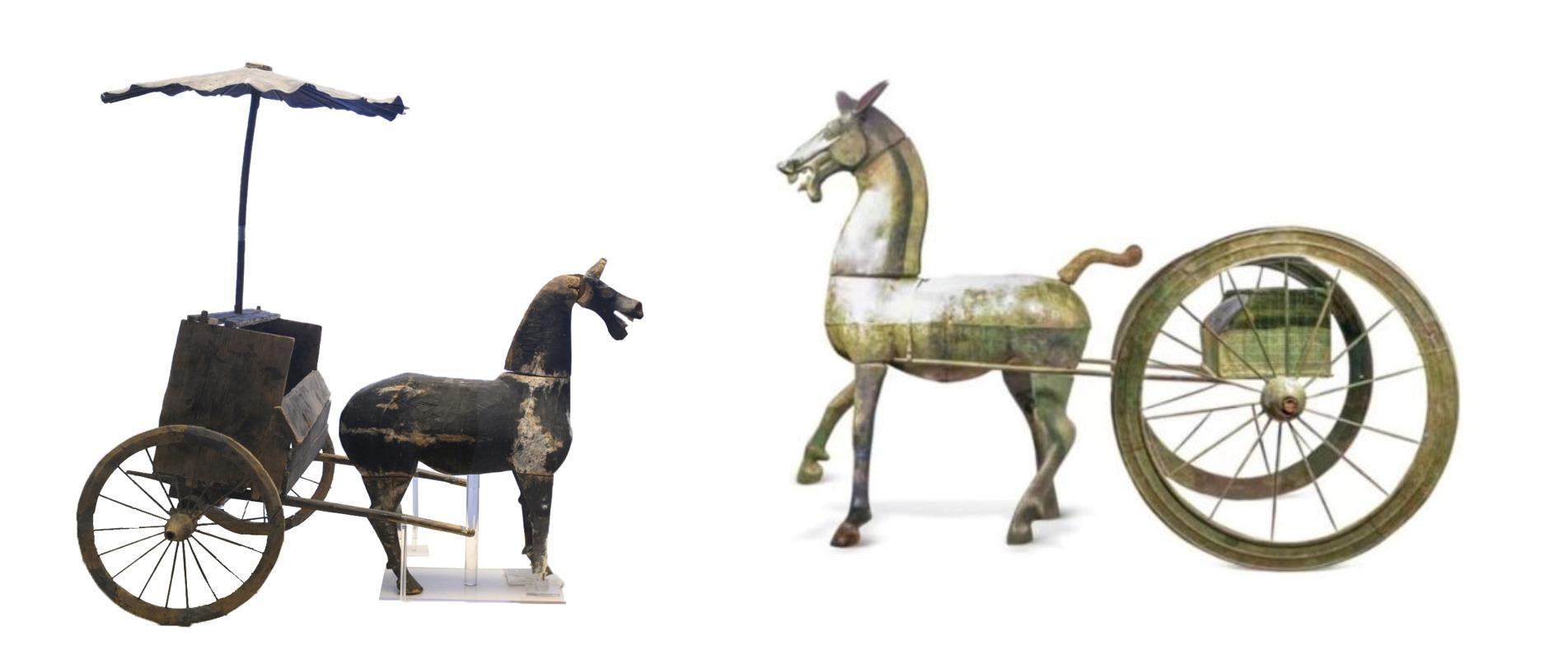 △左為漢代木軺車，藏于青海省博物館；右為東漢銅車馬，藏于黔西南州博物館。